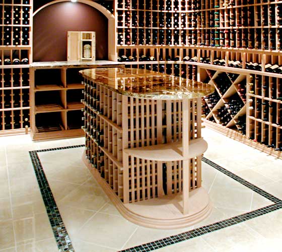Wine cellar with tile flooring and granite island
